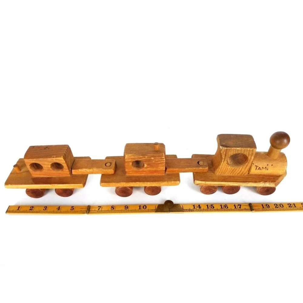 Vintage 60s 70s Hand Crafted Wooden Three-Car Caboose Train Pull Toy 